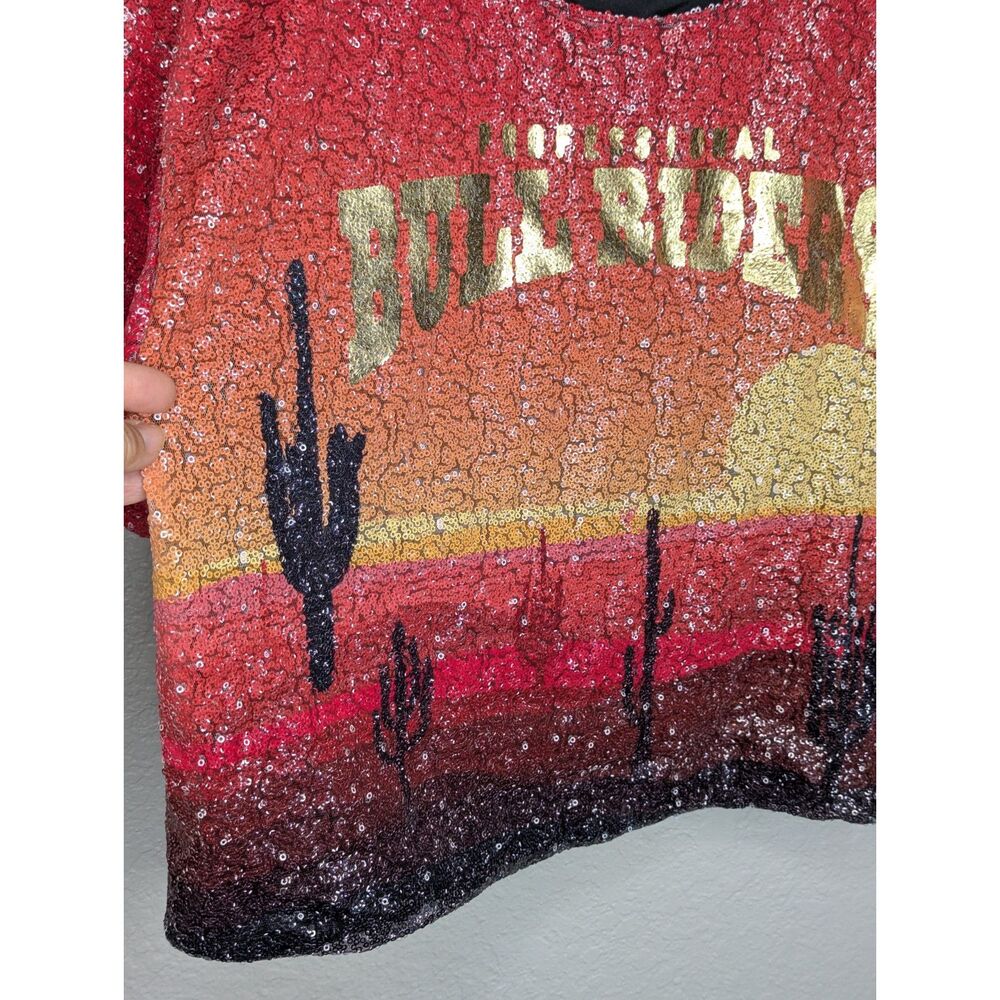 NWT PBR Ladies Sequin Desert Scene Crop Top Shirt Sz M Western Dressy Bull - Picture 5 of 10